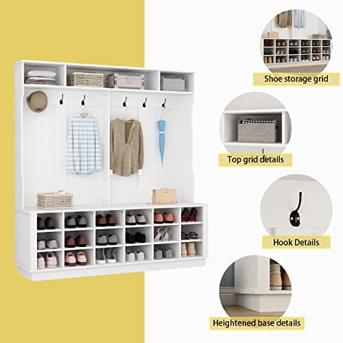 White Wide Hall Tree with Shoe Storage Bench, 18 Shoe Storage Cube & 3 Top Cube, Modern 4-in-1 Entryway Coat Rack for Ha