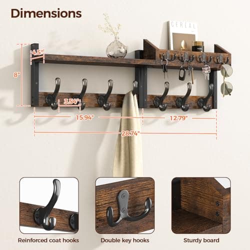 Rustic Brown 29" 4 in 1 Coat and Key Hanger Coat Rack with 11 Metal Hooks for Entryway and Living Room  
Rustic Brown 29