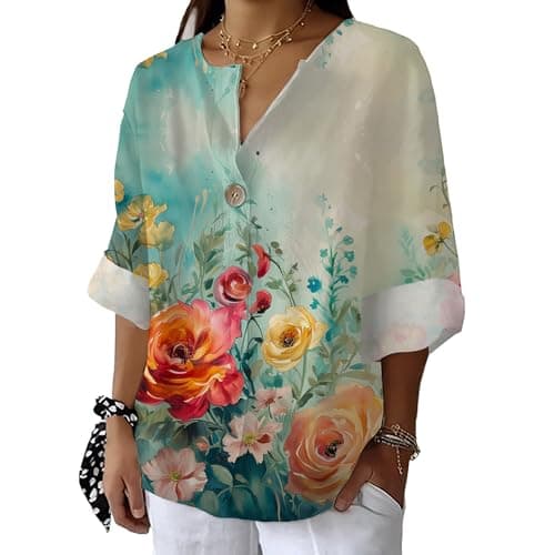 Bivenant Women's Floral Blouses Vintage Cotton Linen Button V-Neck T-Shirts 3/4 Sleeve Boho Tunic Tops for Summer
| Wom