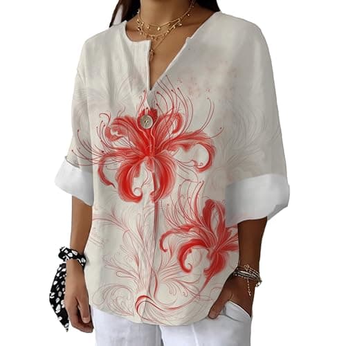 Bivenant Women's Floral Blouses Vintage Cotton Linen Button V-Neck T-Shirts 3/4 Sleeve Boho Tunic Tops for Summer
| Wom