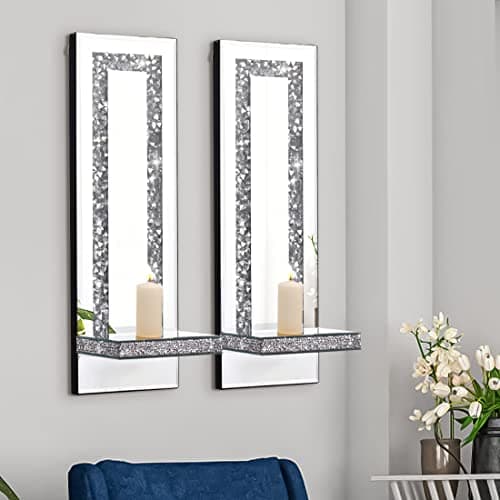 Crystal Crush Diamond Mirrored Candle Sconces, Silver Wall Candle Holder Set of 2, Living Room and Dining Room Decor (Re