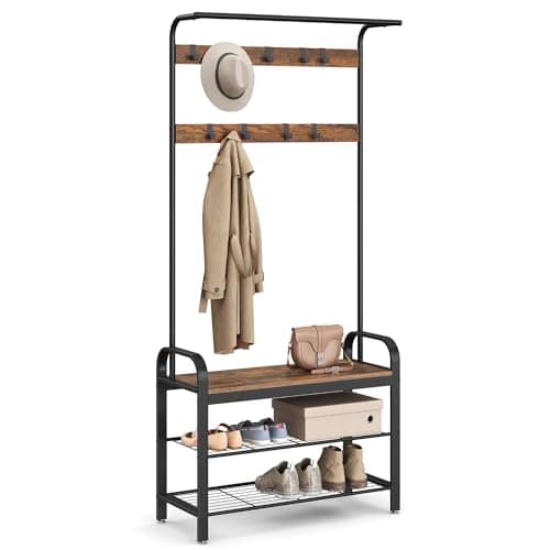 VASAGLE UHSR40MB Coat Rack, Hall Tree with Shoe Bench for Entryway, 4-in-1 with 9 Hooks and Hanging Rod, Greige and Blac