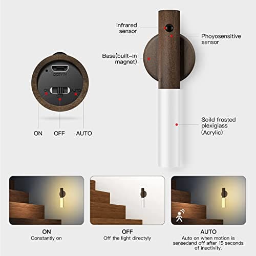 Miebul Rechargeable Motion Sensor Light Indoor Magnetic LED Wall Lights for Bedroom Corridor Staircase (Walnut Wood 2PCS