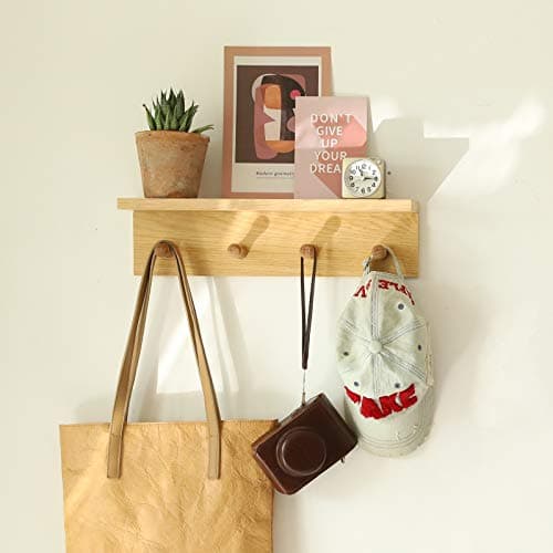 Sturdy Oak Finish Wall Mount Coat Rack with Shelf Save Indoor Space Suitable for Entryway, Mudroom, Kitchen, Bathroom