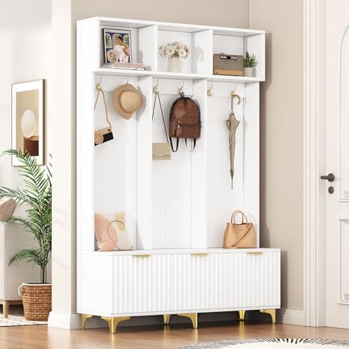 Merax Modern Large Storage Hall Tree with Bench, Multi-Functional with High Gloss Fluted Doors, Entryway Organizer with