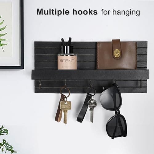 Black Sturdy Wood Keyholder Entrance Hanger with Shelf Holds Leashes and Jackets – Entryway Wall Mount Key Holder with H