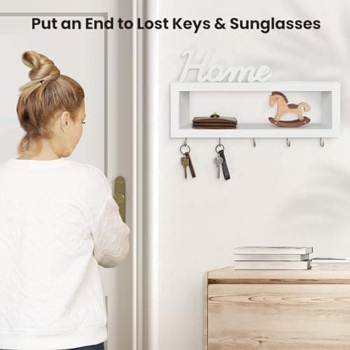 Decorative Wall Shelf with Hooks for Entryway Holds Sunglasses and Leashes (White)
| Paulownia Wood Wall Organizer Shel