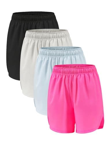 Celfaeree Girls Running Shorts with Pockets | Dry-Fit Athletic Shorts for Kids Teens | 4 Packs | Sweat-Wicking Sportswea