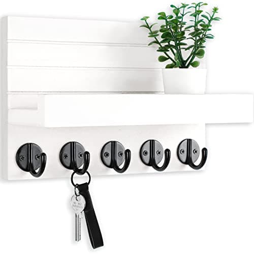 Decorative Wall Key Holder and Mail Organizer with Shelf for Bags and Coats - Paulownia Wood Key Hanger (9.8”W x 6.7”H