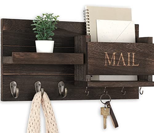 Wall Mount Mail Organizer with Key Holder & Shelf - Farmhouse Decor for Hallway (16.5" x 9.1" x |4") (Rustic Wood, Blac