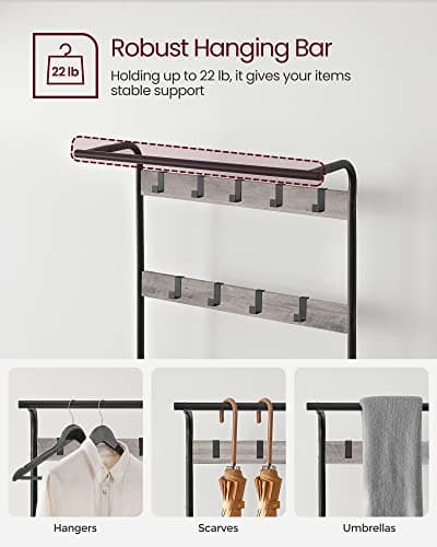 VASAGLE UHSR40MB Coat Rack, Hall Tree with Shoe Bench for Entryway, 4-in-1 with 9 Hooks and Hanging Rod, Greige and Blac