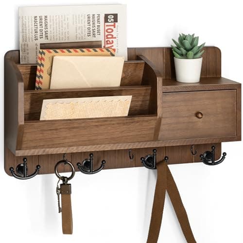 Modern Farmhouse Key Holder with Hooks and Mini Drawer - Rustic Apartment Essentials for Home Improvement (Brown & Golde