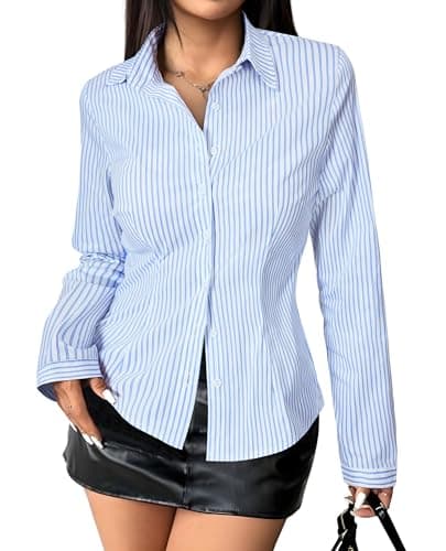 Gleeivy Women's Striped Button Down Shirts Y2k Crop Tops V Neck Collared Slim Fit Blouses Flare Sleeve Streetwear