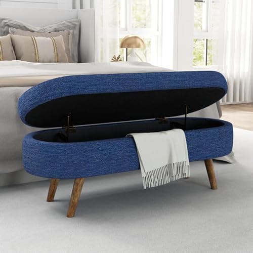 Dark Green Linen Fabric Upholstered Oval Storage Bench with Solid Wood Legs for Living Room/Bedroom/End of Bed/Entryway