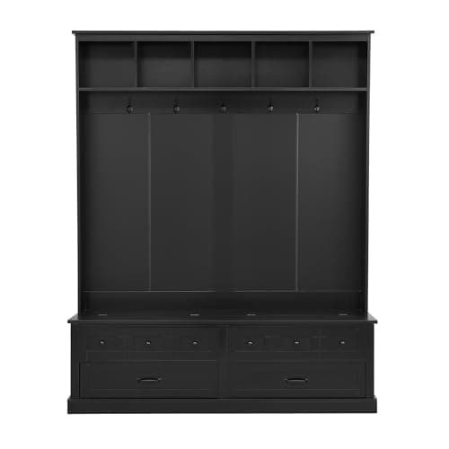 Wide Hall Tree with Lift Top Storage Bench and Drawers for Living Room, Retro Wooden Entrance Organizer with Hooks and O