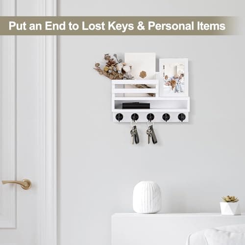 Key and Mail Holder Wall Mount, Durable Long Storage Box and Multiple Hooks for Coat and Dog Leash, Ideal for Home Deco