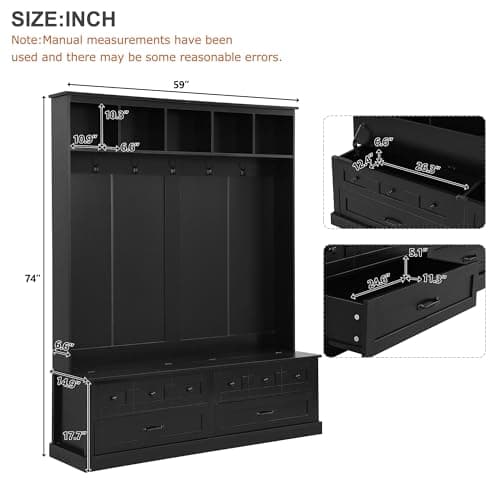 Wide Hall Tree with Lift Top Storage Bench and Drawers for Living Room, Retro Wooden Entrance Organizer with Hooks and O