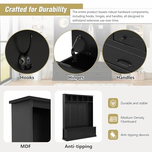 Wide Hall Tree with Lift Top Storage Bench and Drawers for Living Room, Retro Wooden Entrance Organizer with Hooks and O
