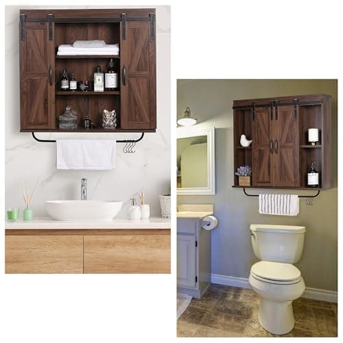 RUSTOWN Dark Walnut Rustic Wood Wall Storage Cabinet with Two Sliding Barn Door, 3-Tier Decorative Farmhouse Vintage Cab