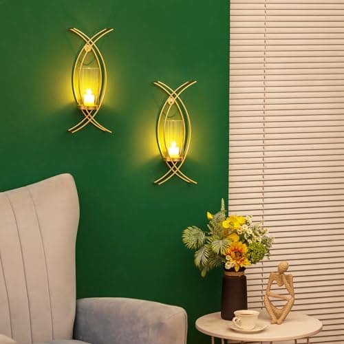 Modern Decorative Sconces Wall Decor Set of 2 Hurricane Candle Holder for Living Room Bedroom Bathroom Outdoor Golden Me