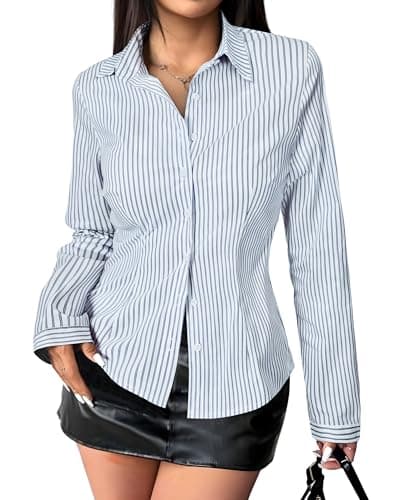 Gleeivy Women's Striped Button Down Shirts Y2k Crop Tops V Neck Collared Slim Fit Blouses Flare Sleeve Streetwear