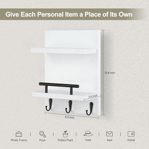 White Key Holder Wall Mount Mail Shelf Decor with 3 Key Hooks Versatile Wood Wall Organizer for Entryway Hallway (8.2” x