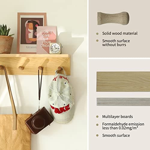 Sturdy Oak Finish Wall Mount Coat Rack with Shelf Save Indoor Space Suitable for Entryway, Mudroom, Kitchen, Bathroom