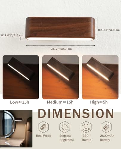 Magnetic 360° Rotatable Wood LED Wall Sconce for Hall Bedside and Living Room Black Walnut Battery Powered Adjustable B