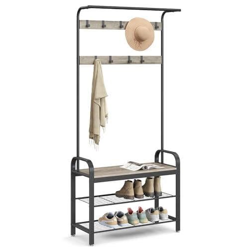 VASAGLE UHSR40MB Coat Rack, Hall Tree with Shoe Bench for Entryway, 4-in-1 with 9 Hooks and Hanging Rod, Greige and Blac