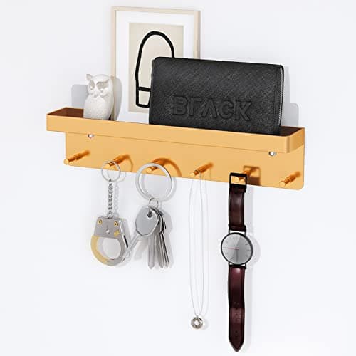 MKO Mail Organizer Key Holder for Wall, Gold, 6 Key Hooks Wall Mount Adhesive Tray Hallway Organizer