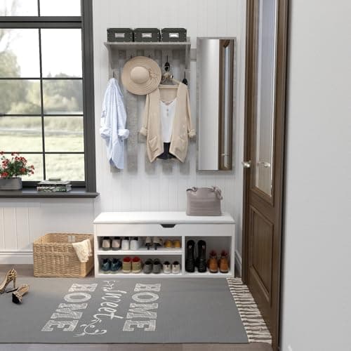 Modern Grey 39.4" Wall Mount Coat Rack with Mirror and 5 Hooks for Hallway and Entryway (Storage Included)