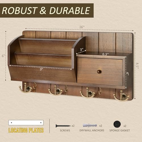 Modern Farmhouse Key Holder with Hooks and Mini Drawer - Rustic Apartment Essentials for Home Improvement (Brown & Golde