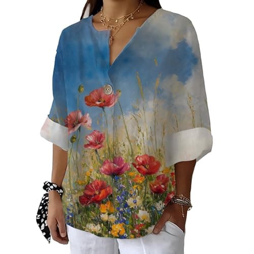 Bivenant Women's Floral Blouses Vintage Cotton Linen Button V-Neck T-Shirts 3/4 Sleeve Boho Tunic Tops for Summer
| Wom