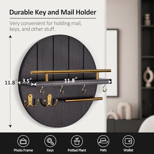 Nekon Black&Gold Rustic Mail Organizer with Shelf and Hooks for Hall Kitchen Entryway