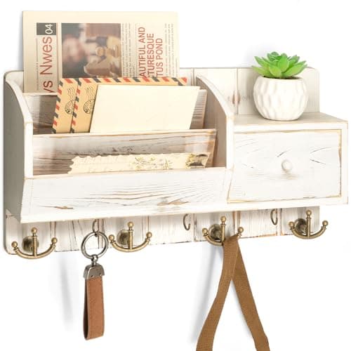Modern Farmhouse Key Holder with Hooks and Mini Drawer - Rustic Apartment Essentials for Home Improvement (Brown & Golde