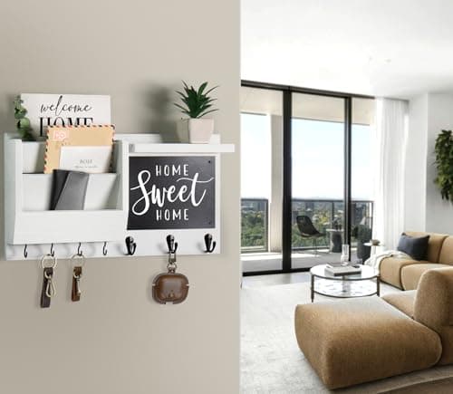 Wall Mount Key Holder Organizer - Decorative Hanging Rack with Hooks for Home Entry Living Room Storage