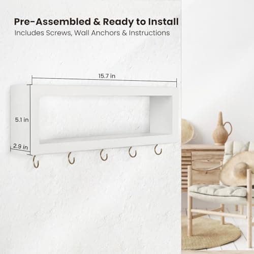 Decorative Wall Shelf with Hooks for Entryway Holds Sunglasses and Leashes (White)
| Paulownia Wood Wall Organizer Shel