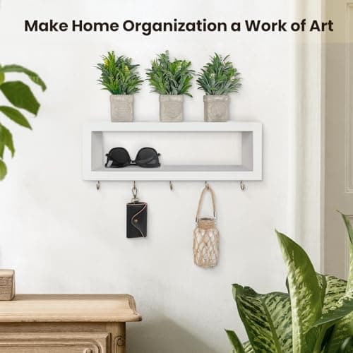 Decorative Wall Shelf with Hooks for Entryway Holds Sunglasses and Leashes (White)
| Paulownia Wood Wall Organizer Shel