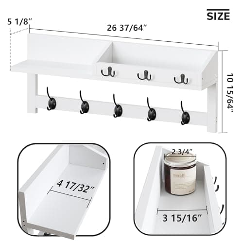 AMBIRD Entryway Wood Shelf With 5 Dual Hooks - 26.57-Inch Wall Hanging Shelf for Coat Storage (White)  
Entryway Wood Or