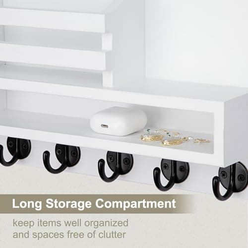 Key and Mail Holder Wall Mount, Durable Long Storage Box and Multiple Hooks for Coat and Dog Leash, Ideal for Home Deco