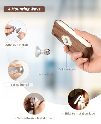 Magnetic 360° Rotatable Wood LED Wall Sconce for Hall Bedside and Living Room Black Walnut Battery Powered Adjustable B
