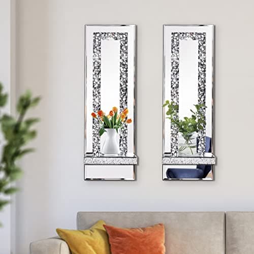 Crystal Crush Diamond Mirrored Candle Sconces, Silver Wall Candle Holder Set of 2, Living Room and Dining Room Decor (Re
