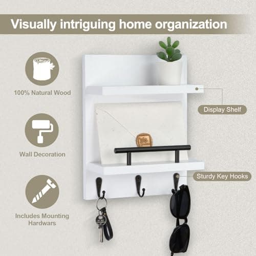 White Key Holder Wall Mount Mail Shelf Decor with 3 Key Hooks Versatile Wood Wall Organizer for Entryway Hallway (8.2” x
