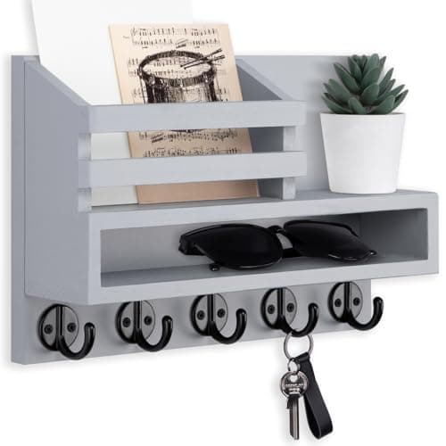 Key and Mail Holder Wall Mount, Durable Long Storage Box and Multiple Hooks for Coat and Dog Leash, Ideal for Home Deco