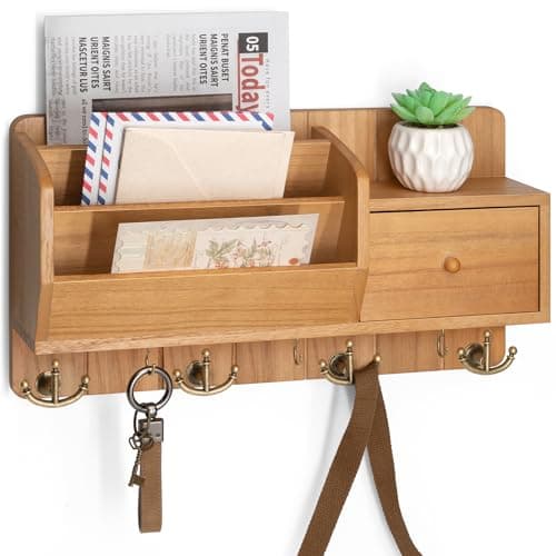 Modern Farmhouse Key Holder with Hooks and Mini Drawer - Rustic Apartment Essentials for Home Improvement (Brown & Golde