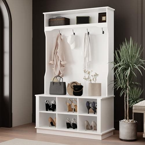 White Wide Hall Tree with Shoe Storage Bench, 18 Shoe Storage Cube & 3 Top Cube, Modern 4-in-1 Entryway Coat Rack for Ha