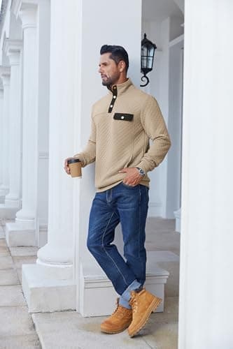 COOFANDY Men Quilted Sweatshirts Outdoor Polo Sweatshirt with Pockets