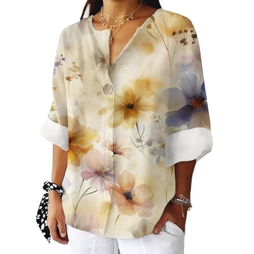 Bivenant Women's Floral Blouses Vintage Cotton Linen Button V-Neck T-Shirts 3/4 Sleeve Boho Tunic Tops for Summer
| Wom