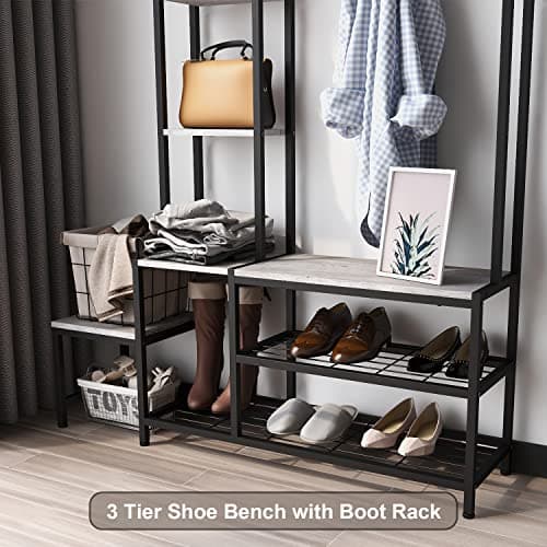 5-in-1 Industrial Hall Tree with Shoe Storage Bench Coat RackSmall Cute Side Bench with 7 Hooks and 4 Tier Storage Shelv