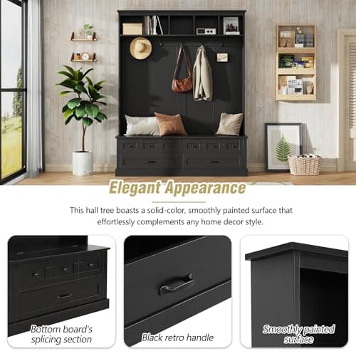 Wide Hall Tree with Lift Top Storage Bench and Drawers for Living Room, Retro Wooden Entrance Organizer with Hooks and O